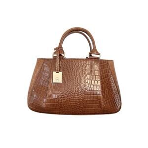 Etienne Aigner Croc Embossed Handbag Bag Purse Hand Caramel Brown Leather